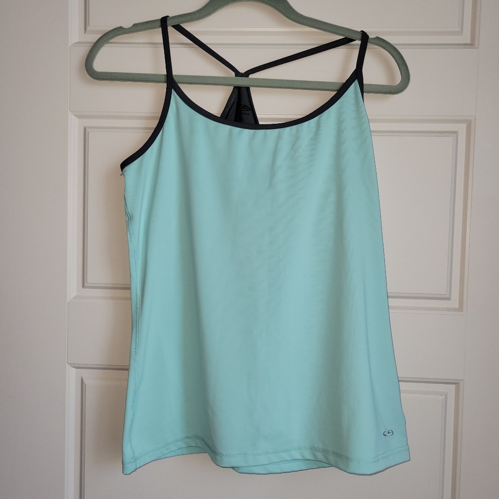 CHAMPION AQUA/GRAY RACER BACK YOGA ATHLETIC TOP XL BUILT IN BRA.